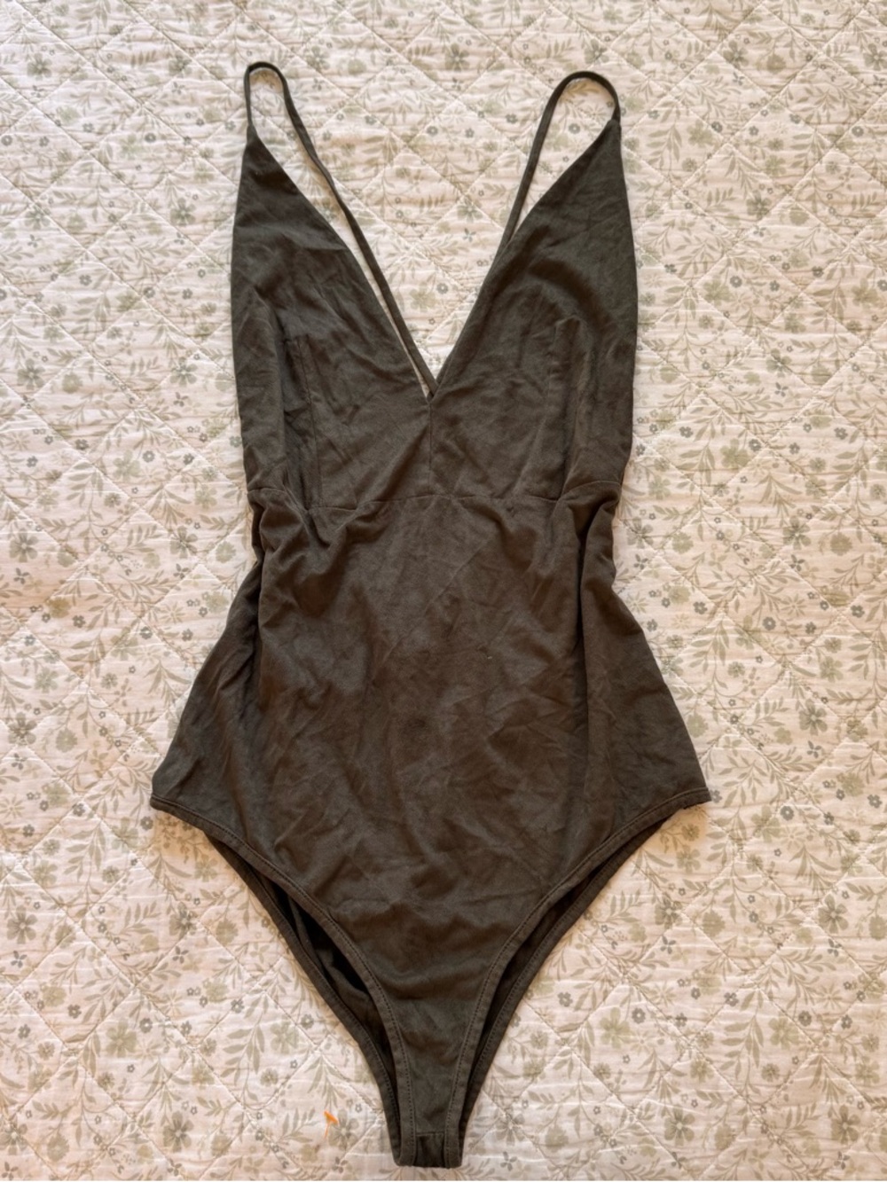 Deep V Olive Green Suede bodysuit